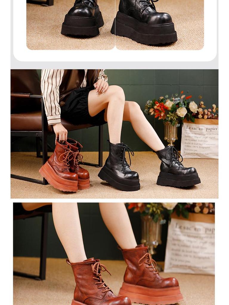 Damskie Botki Martin na Małej Platformie Jesień/Zima 2025 - Zamszowa Skóra Cielęca Sznurowane Krótkie Botki