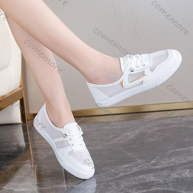 Fashion Comemore Women's Vulcanize Shoes Casual Mesh Breathable Sneakers Spring Summer Lace Up White Flat Bottom Sports Single Shoes