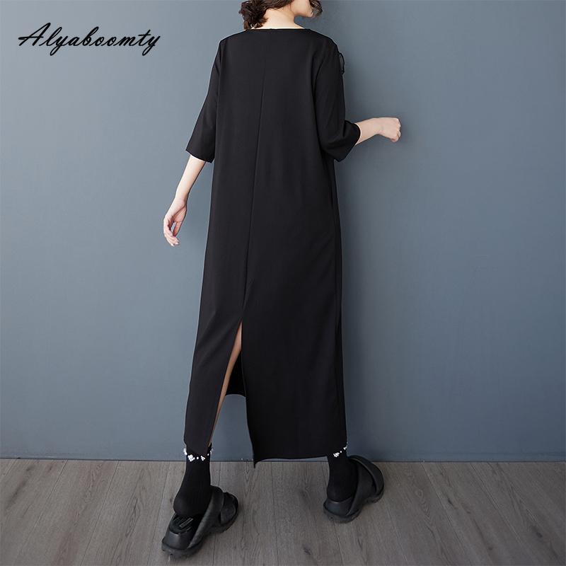Large Size Spring Summer Wome Black Midi Dress Brief O Neck Casual Loose Floral Party Dress Half Sleeve Split Feminine Dress