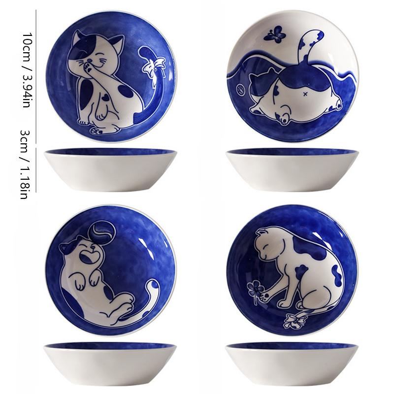 4pcs Deeper Cat Ceramic Sauce Dish Set Cute Cartoon Soy Sauce Seasoning Household Tableware Dip Dish Sushi Sauce Snack Dish