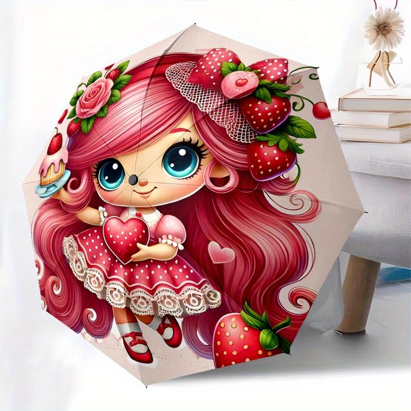 Strawberry Shortcake,Character Automatic Folding Umbrella 8 Ribs Lightweight Design, Durable Iron Frame, Compact and Portable, Ideal Birth