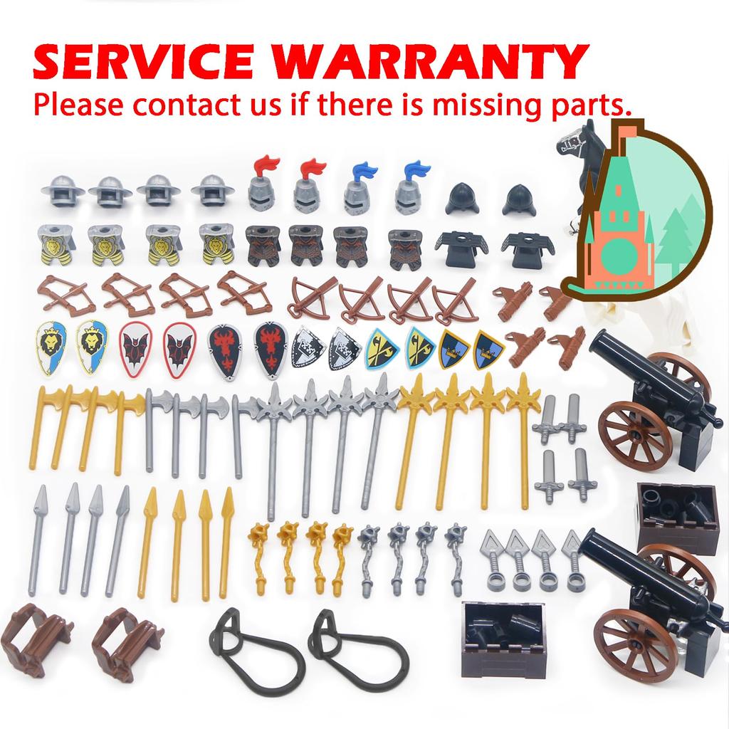 Mittelalterlicher Ritter Waffen Teile Set - Rüstung, Schwert, Helm, Pferd, Schild, Artilleriewagen - Bausteine Burg Figur Zubehör Set