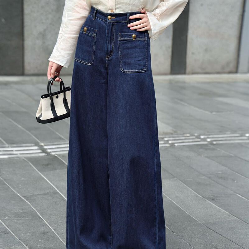 Women's High-Waisted Loose Straight Pure Cotton Denim Wide-Leg Pants