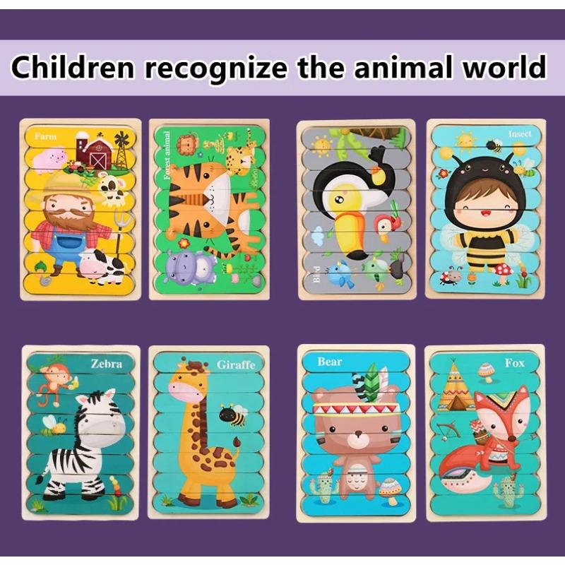 Kids New Wooden Two-sided Strip 3D Puzzles Wood Vehicle Fruit Jigsaw Puzzle Toy for Children Baby Learning Educational Toys Gift