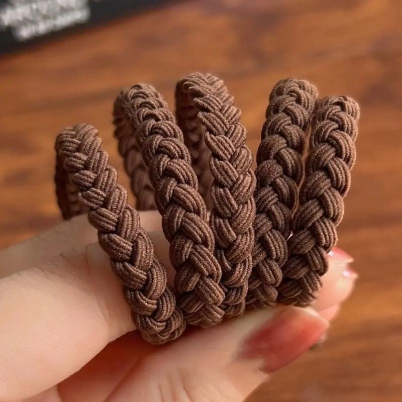 5PSC Simple Braided Hair Tie Coffee Highly Elastic Hair Rope Durable Nylon Rubber Band Women Girl