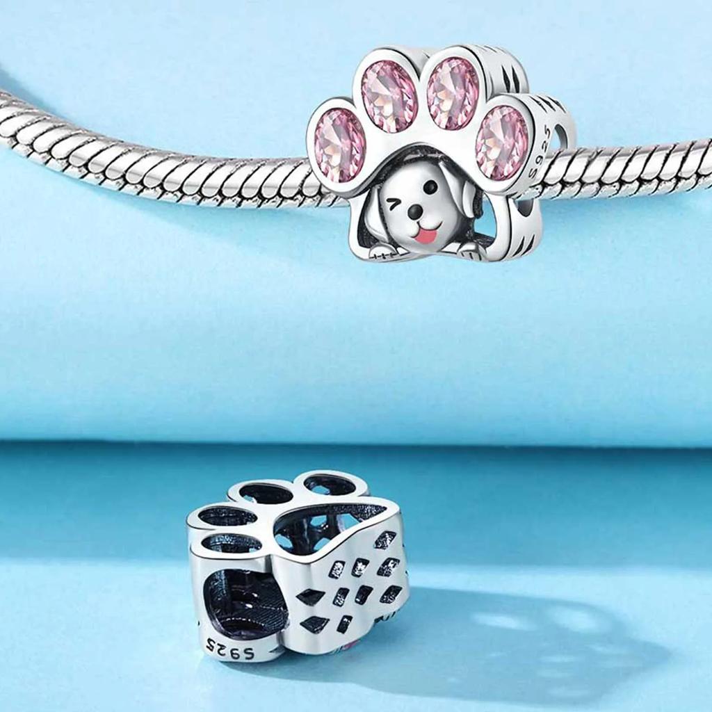 Brand New Copper Metal Cute Animals Charm Bead Component Love Pet Cat Claw Bead Components Heart Pink Zircon Hollow-carved Do It Yourself Authentic