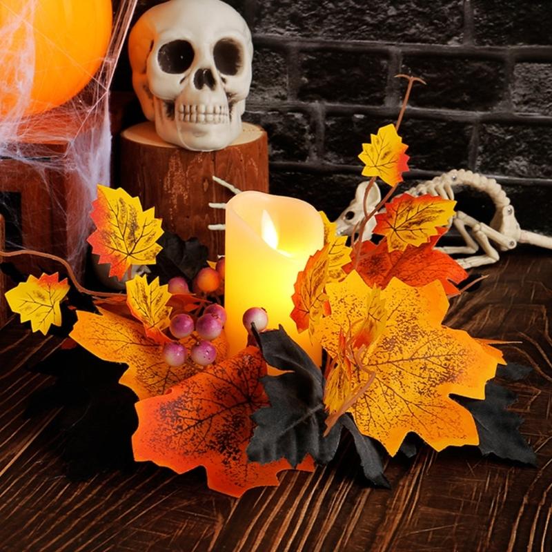Fall Maple Leaf Candle Wreaths Pack of 5 Tealight Candle Holders Rings for Halloween Parties Table Centerpieces Decors