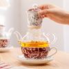 Red Flower Design Tea for One Set Glass Teapot Porcelain Saucer and Teacup Strainer Coffee Cup with Gift Box