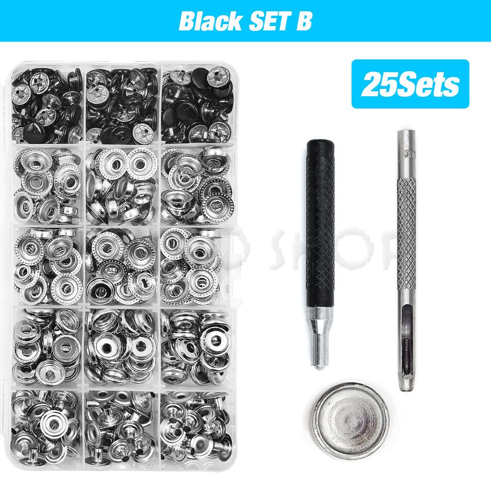 25Sets Metal Snaps Button Snap Fasteners Press Studs With 4 Installation Tools Kit For Clothes Garment Bags Shoes Leathercraft