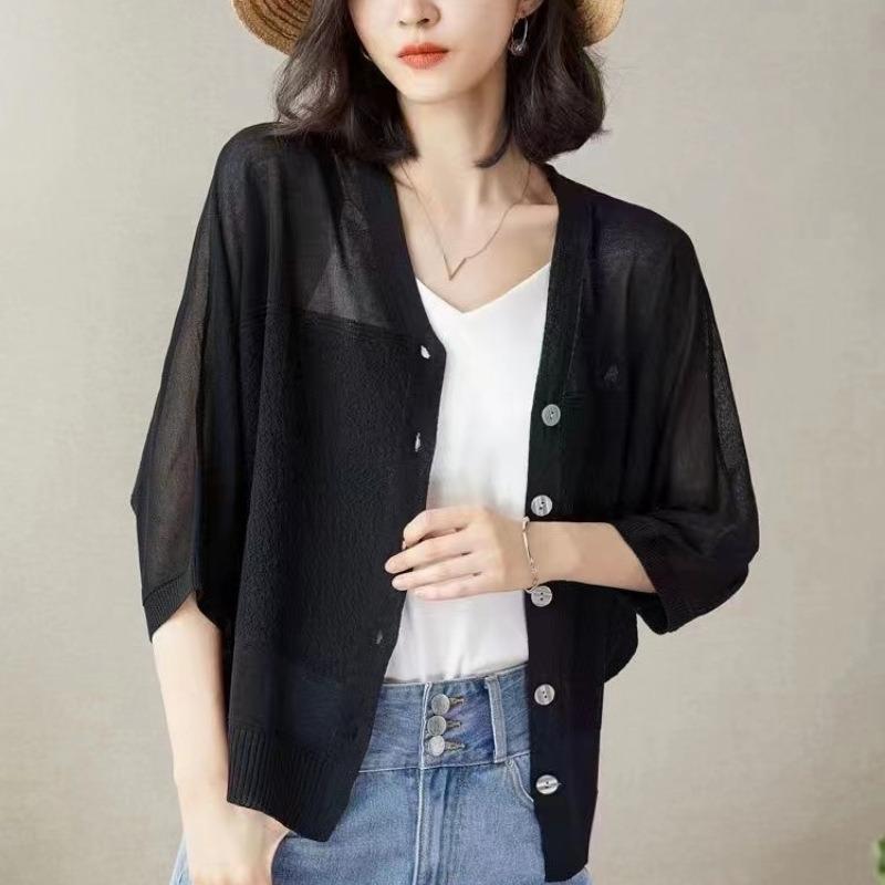 Spring and summer ice silk sunscreen air conditioner shirt thin blouse large size fat mm seven-quarter sleeve outer knitted cardigan women's coat