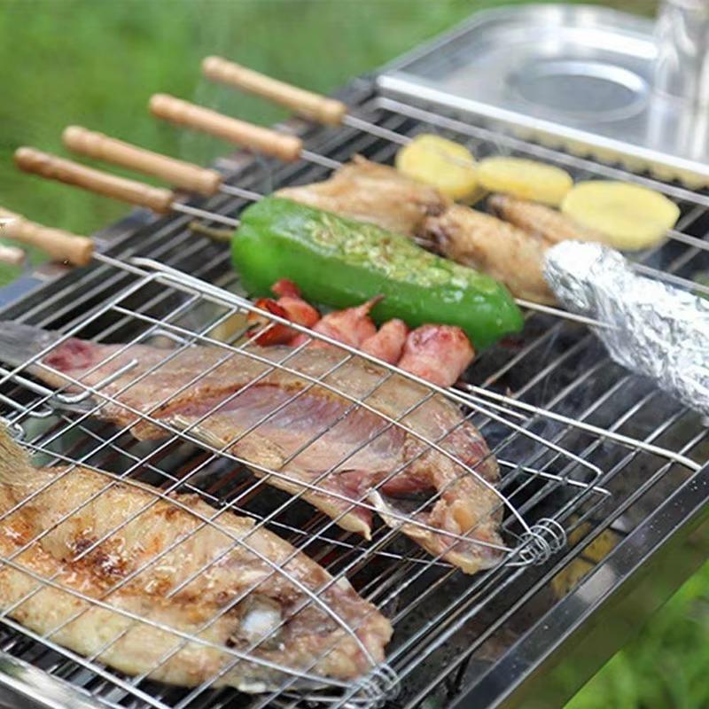 Stainless Steel BBQ Grill Net With Chrome Plated And Hardwood Handle Fish Meat Grill Barbecue Clip Clamp Folder Net BBQ Tools