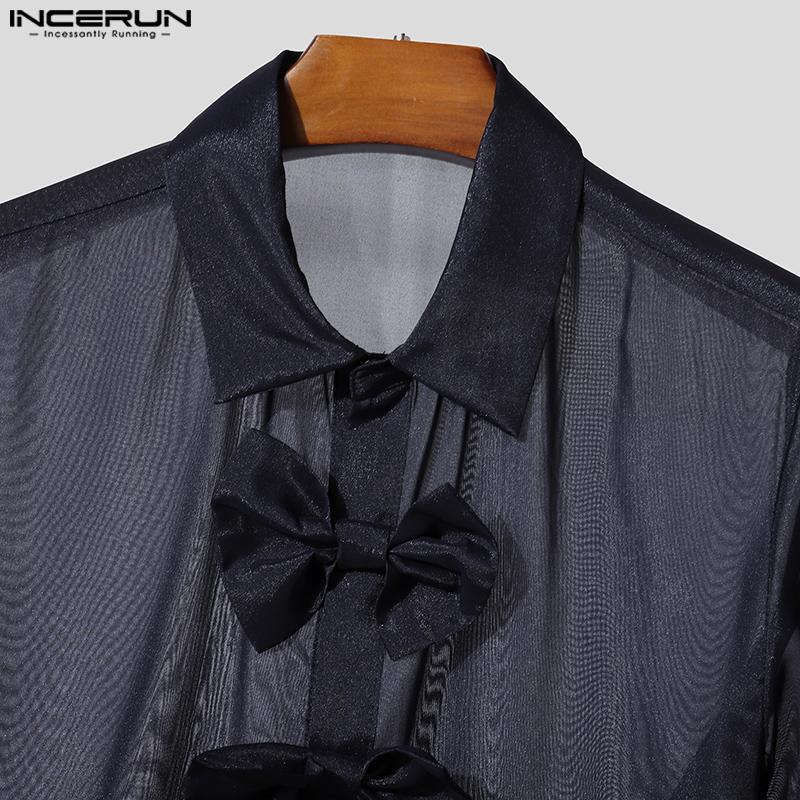 INCERUN Men Long Sleeve Bow Knot Mesh Sheer Hollow Out Party T-shirts Tops