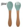 Kids Independent Eating Set Baby Led Weaning Spoon And Fork Set Soft Silicone Utensils Beech Wood Handle with Wooden Handles Toddler Self-Feeding