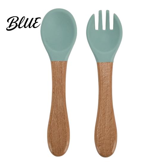 Kids Independent Eating Set Baby Led Weaning Spoon And Fork Set Soft Silicone Utensils Beech Wood Handle with Wooden Handles Toddler Self-Feeding