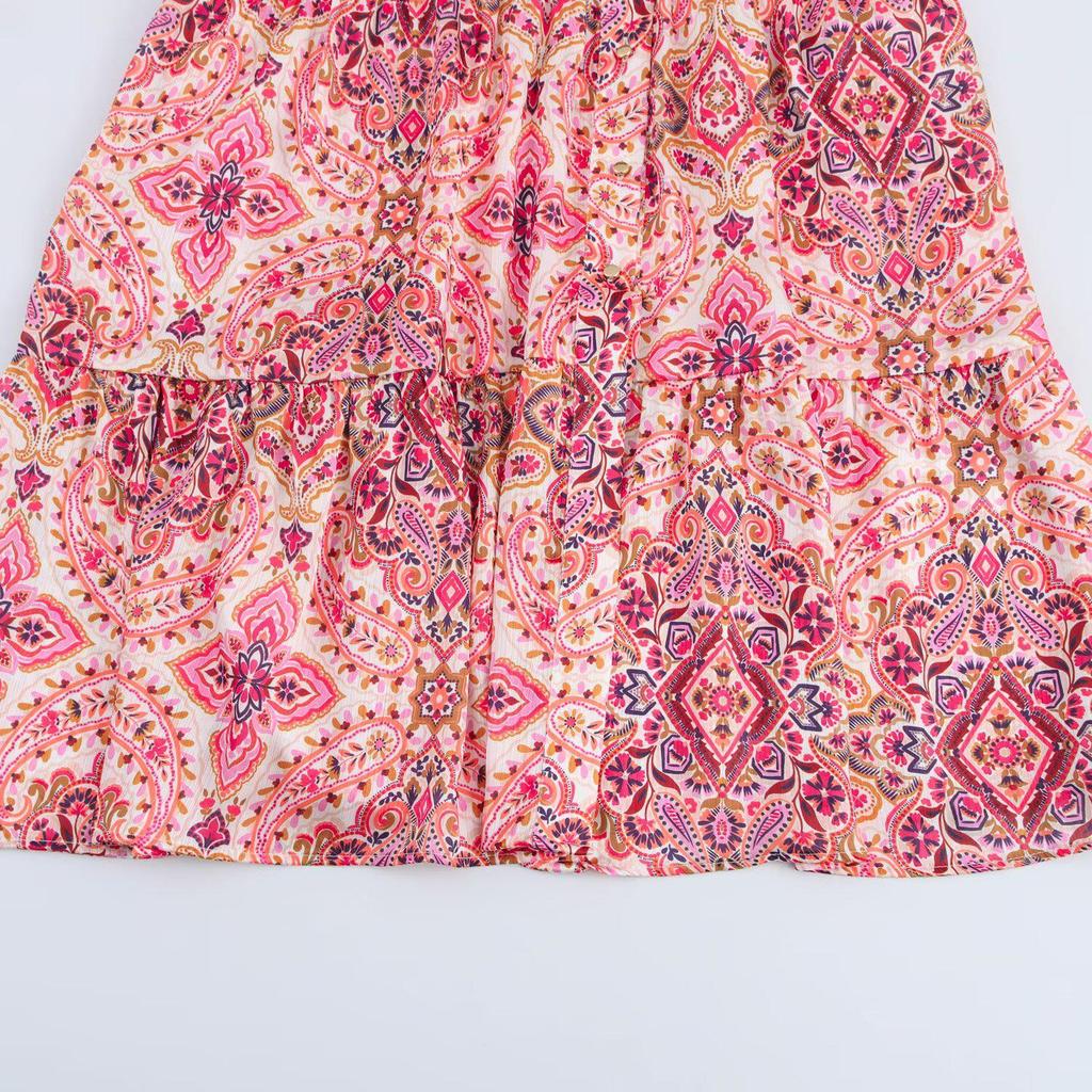 Spring 2025 Women's European & American Style Belted Printed Midi Dress