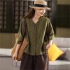 Women Casual Shirts V-Neck Half Sleeve Blouses Summer Solid Color Button Chinese Style Loose Shirts