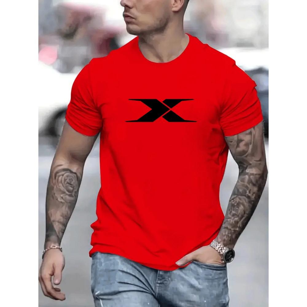 Summer men's 100% cotton casual loose fit large X letter print round neck short sleeved T-shirt top High Street Unisex style