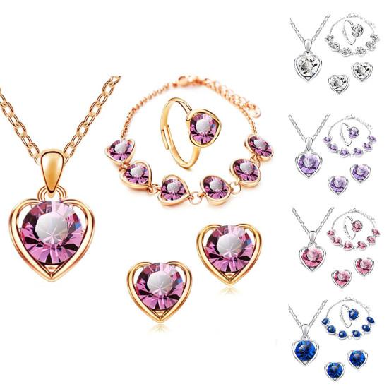 4 stk/sett skinnende elegant halskjede øredobber Armbånd Ring Justerbar Dame Rhinestone Hjerteanheng Halskjedesett Smykketilbehør