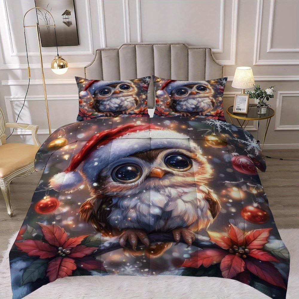 3 Pcs Christmas Owl Quilt Set Thick Blanket Set Festive Comforter Bedding Set 1 Quilt + 2 Pillowcases Holiday Gift Idea