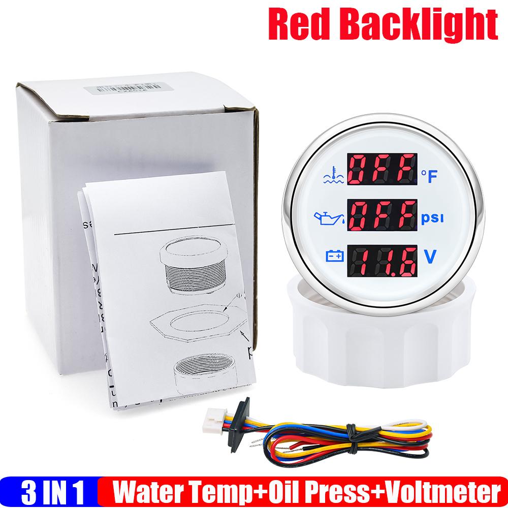 Red LED Digital Water Temperature+Oil Pressure+Voltmeter 3IN1 Multifunctional 52mm Gauge Alarm Waterproof Auto Car Boat