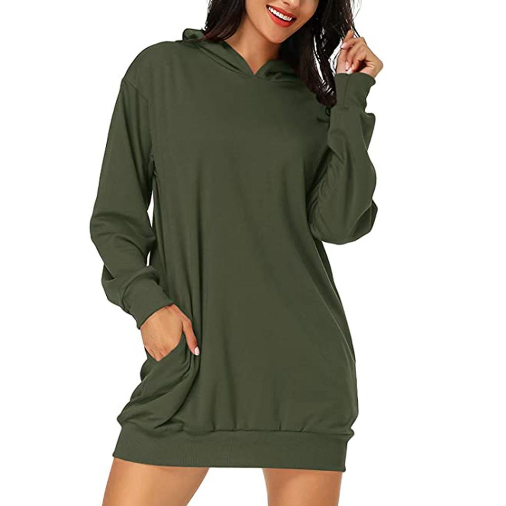 Women's Long-sleeved Pocket Pullover Hoodie Dress Waist Sweatshirt Solid Tops