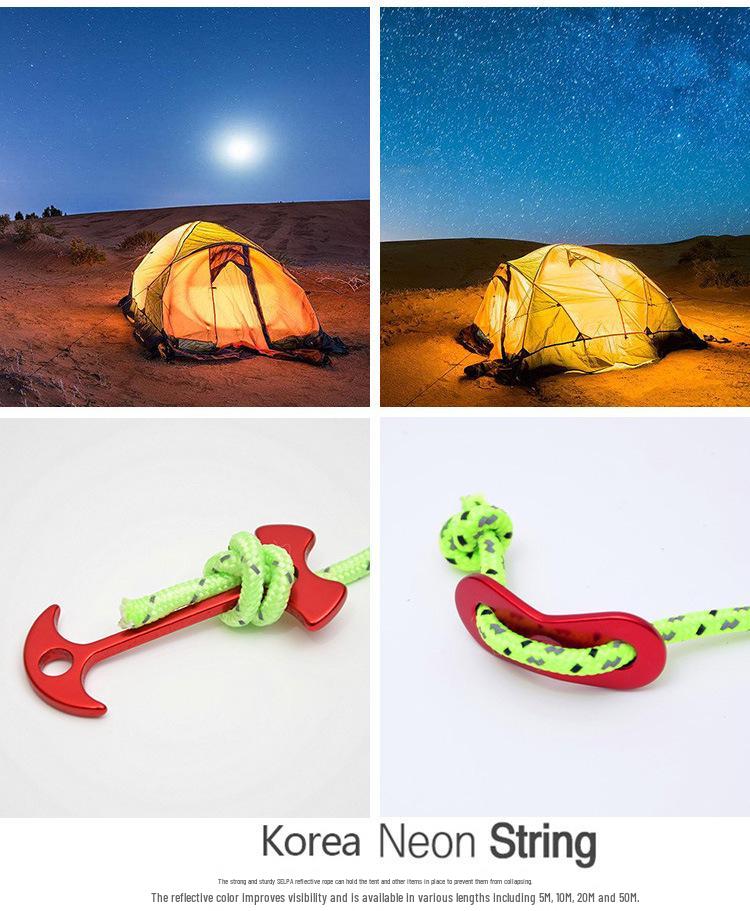 Luminous & Reflective 5mm Windproof Outdoor Camping Rope with Ground Anchors, 50m