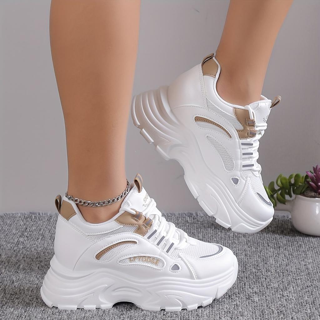 Versatile Comfy Mid-Top Solid Color Mesh Sneakers - Lace Up, Round Toe, Heightening Thick Rubber Sole, Breathable Fabric Upper