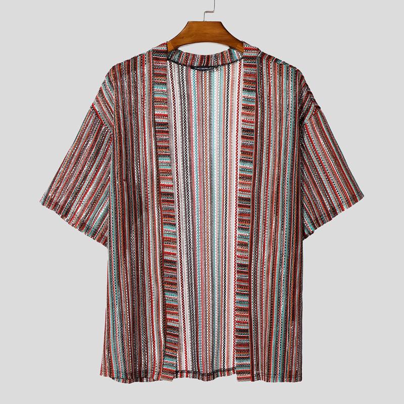 

INCERUN Summer Men Lapel Striped Crochet Buttons Up Hollow Casual Beach Holiday Shirts 5XL красный