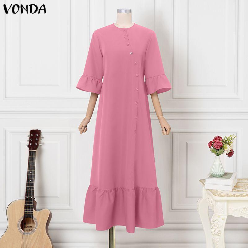 

VONDA Plus Size Summer Women 3/4 Sleeve Ruffled Hem Casual Loose Long Maxi Dress M розовый