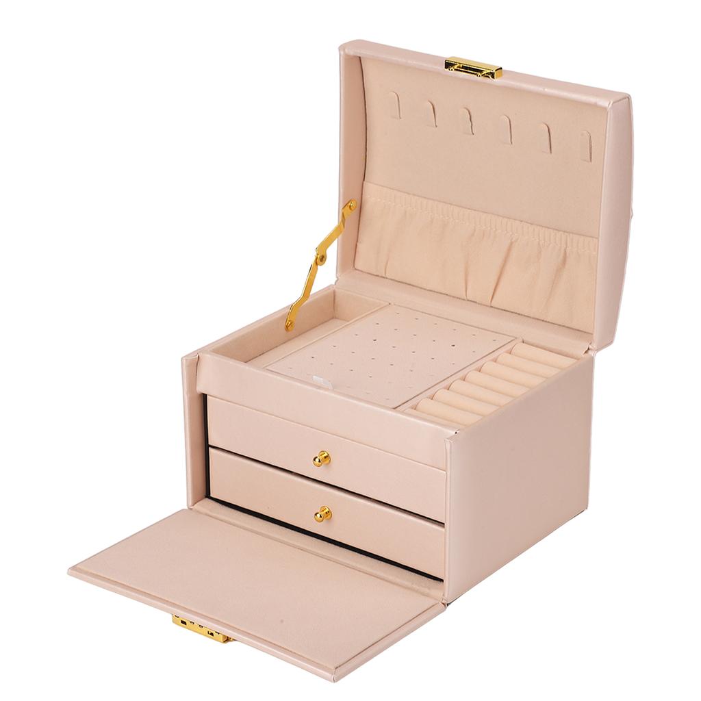 Smyckeskrin PU-läder 3 lager Smyckesförvaringslåda med lås för örhängen armband ringar halsband