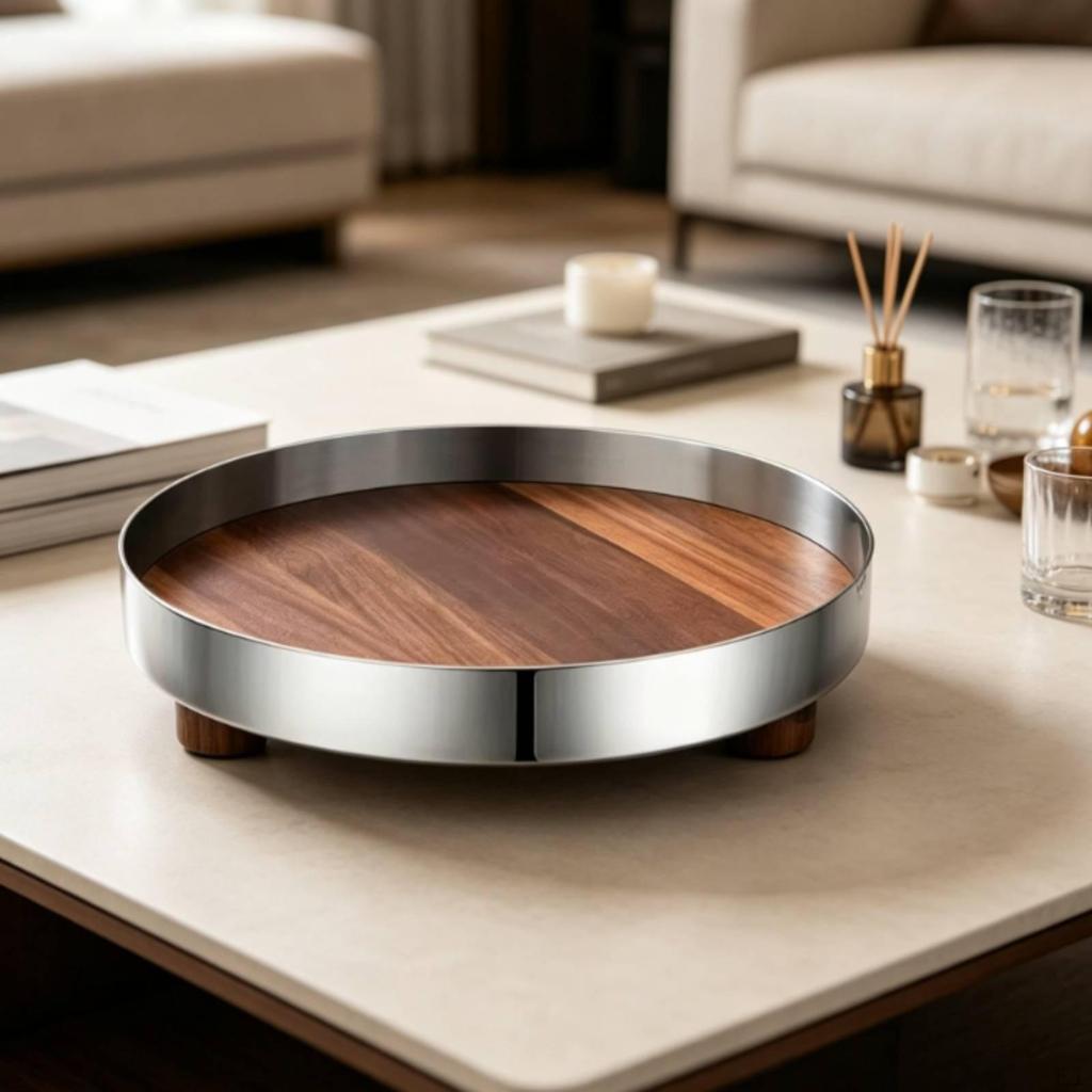 MirrorFinish Tray with Wooden Base | Decorative, Round Feet, for Vanity