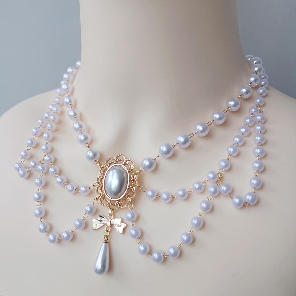 Bow Water Drop Pearl Retro Choker Necklace for Lolita Girls