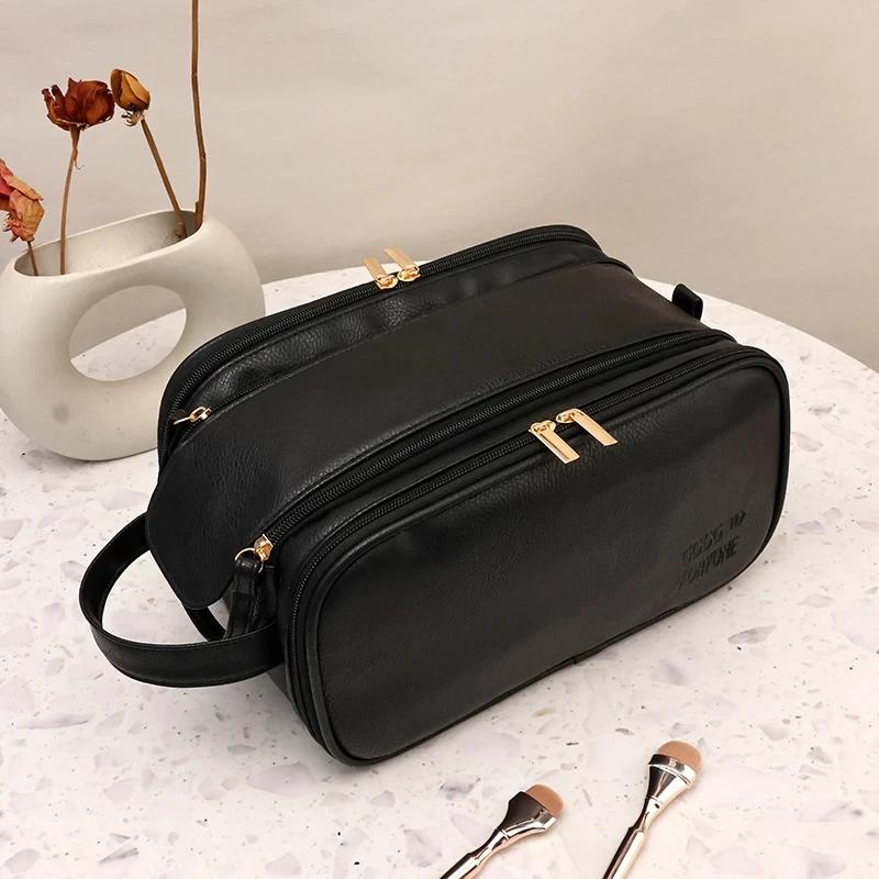 Multifunktionale Kosmetiktasche für Damen aus PU-Leder, großes Fassungsvermögen, tragbar, mit Doppelreißverschluss, Reise-Aufbewahrungstasche für Make-up-Pinsel und Toilettenartikel