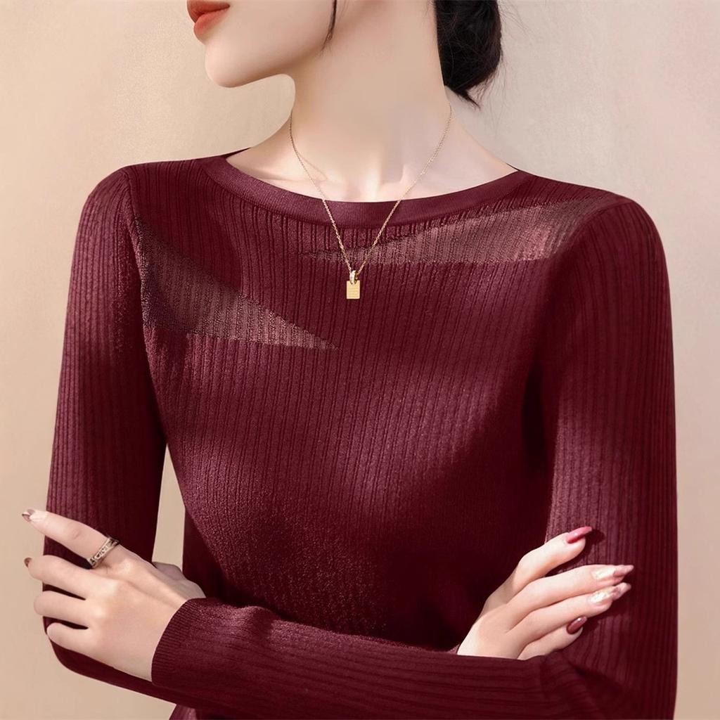 WTEMPO Women's Round Neck Lace Mesh Knitted Sweater Women's Sweater Spring and Summer