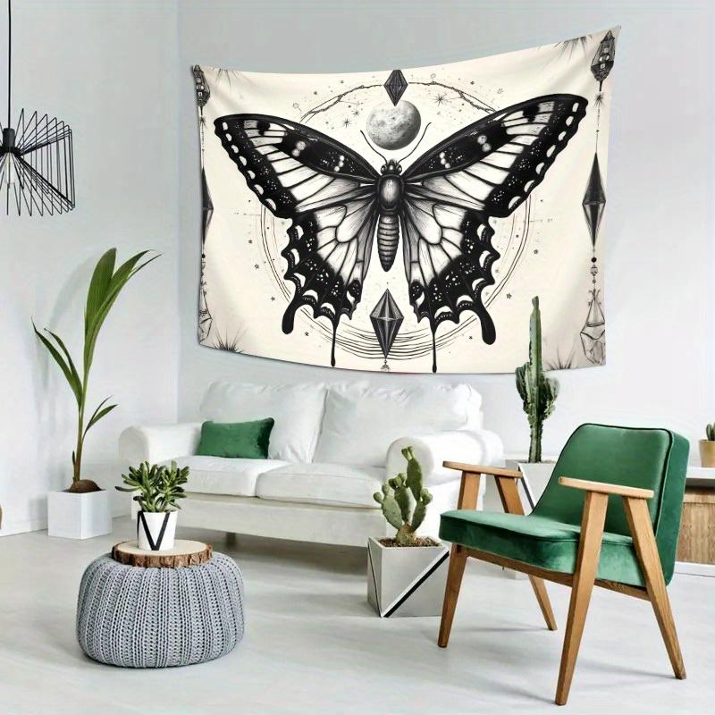 Butterfly Moon Tapestry  Celestial Design Boho Witch Art Black  White Polyester 5161 in for Bedroom or Dorm