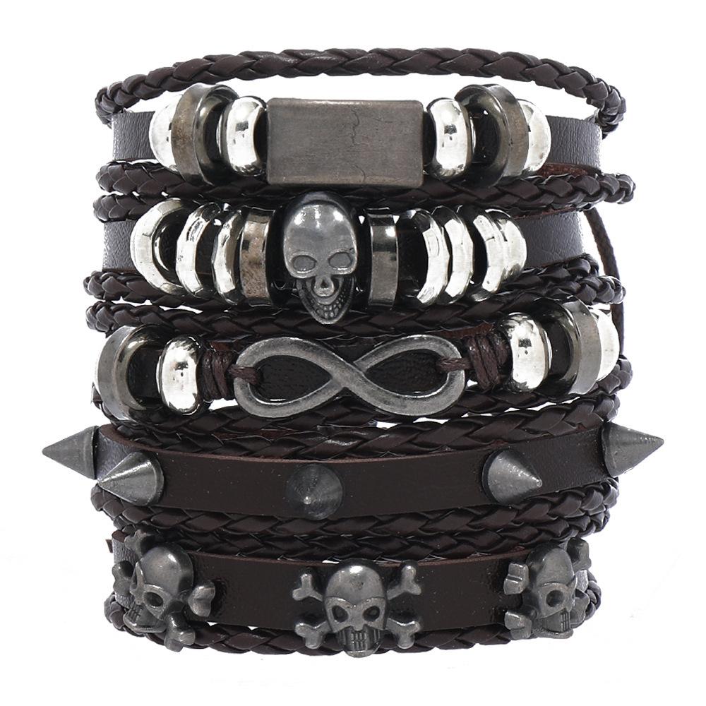 Men's Punk Skull Leather Bracelet Set Multi-Layer Gothic Rock Chain Bracelets Pentagram Charm Hip Hop Streetwear Badge Jewelry Accessories for Him