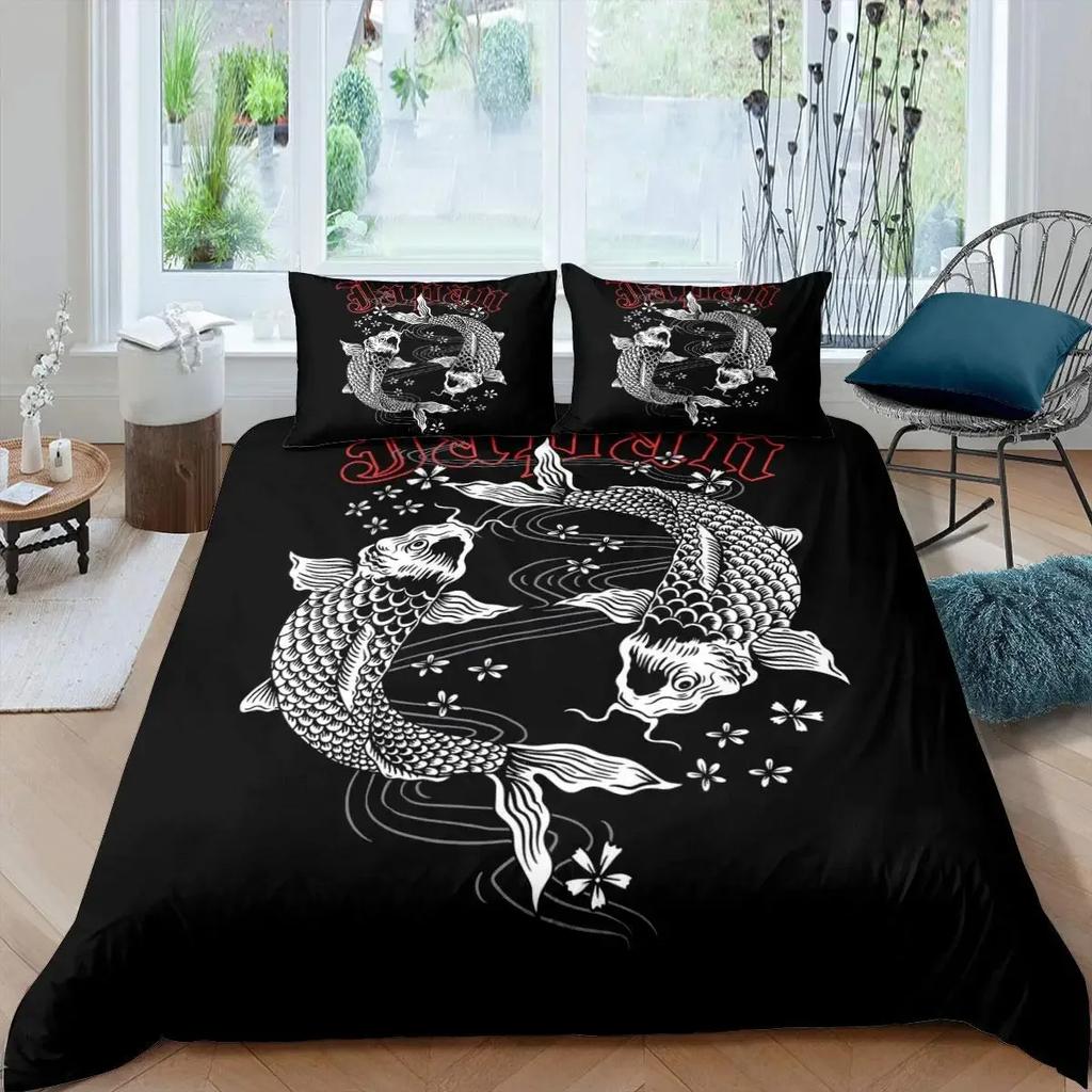 Koi Fish Duvet Cover Set Carp Tie Dye Bedding Sets Traditional Chinese Ink Art Bedspread Lotus Leaf Nature Quilt Cover Full Size