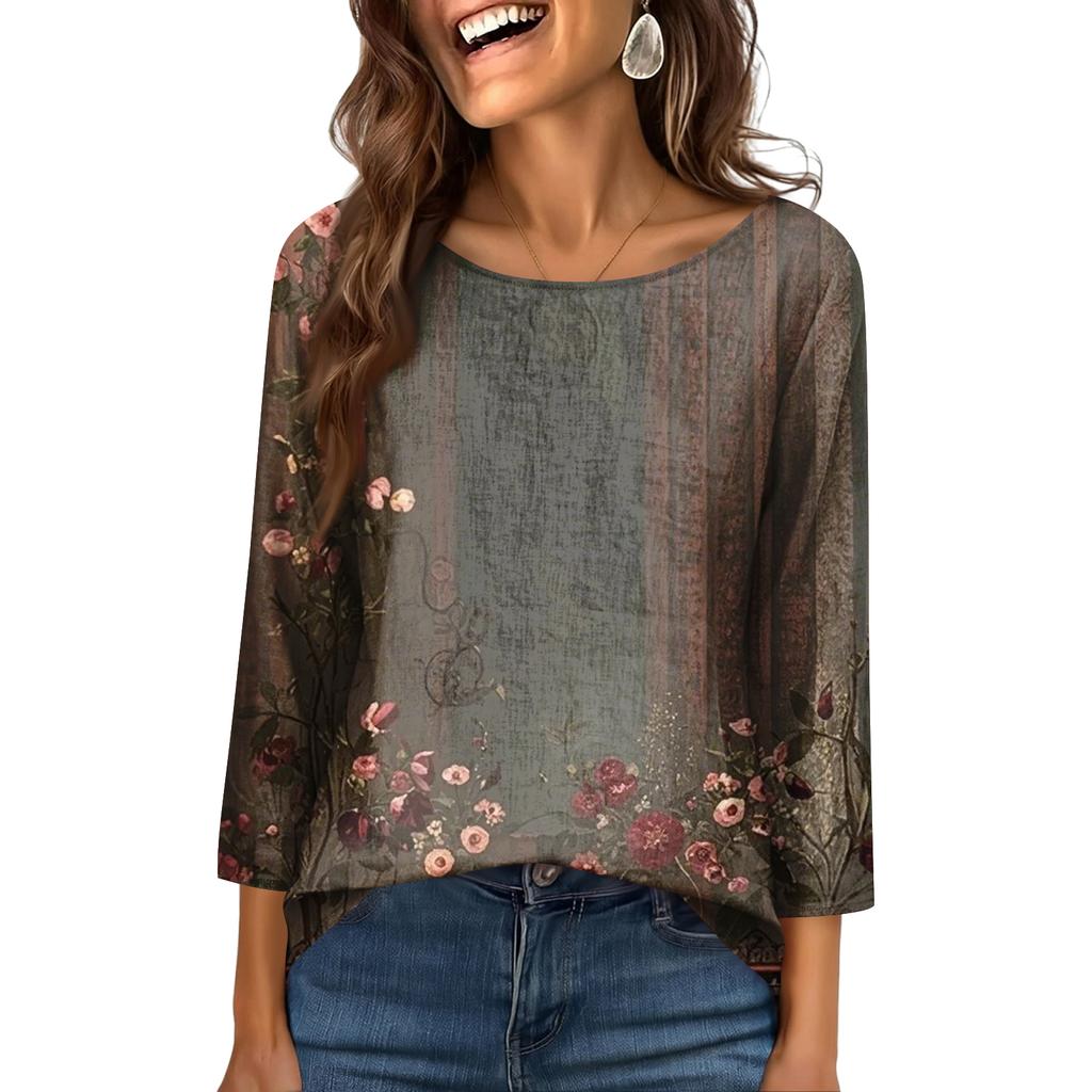 Women's Fashionable Casual Round Neck  3/4 Sleeve  Printed T-Shirt Top