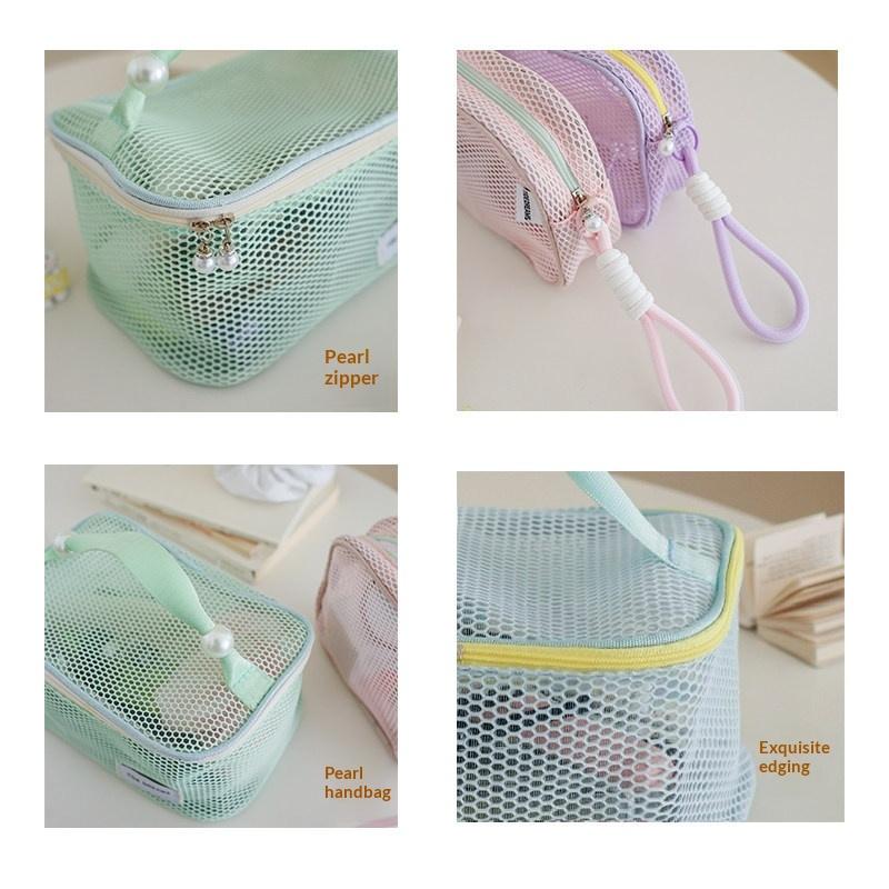 Portable Travel Toiletry Bag with Pearl Zipper Mesh Design for Organized Cosmetics on Journeys
