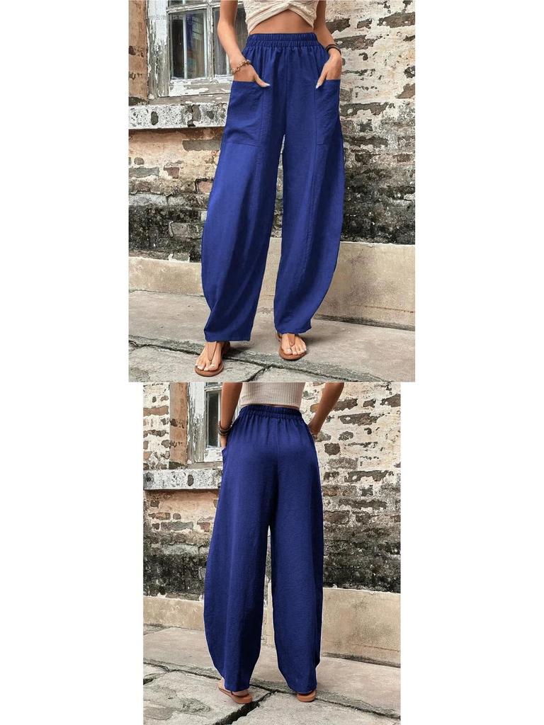 Women's Solid Color Casual Pants with Pockets and Elastic Waist