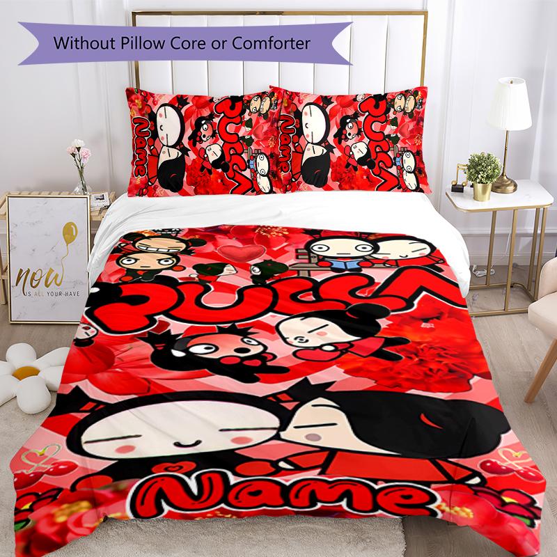 3pcs Custom Name Pucca Bedding Set Duvet Cover Closure Includes 1 Duvet Cover & 2 Pillowcases for All Seasons Bedroom Decor