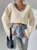 European & American V-Neck Loose Fit Cropped Sweater - Women's Ribbed Knit for All Seasons