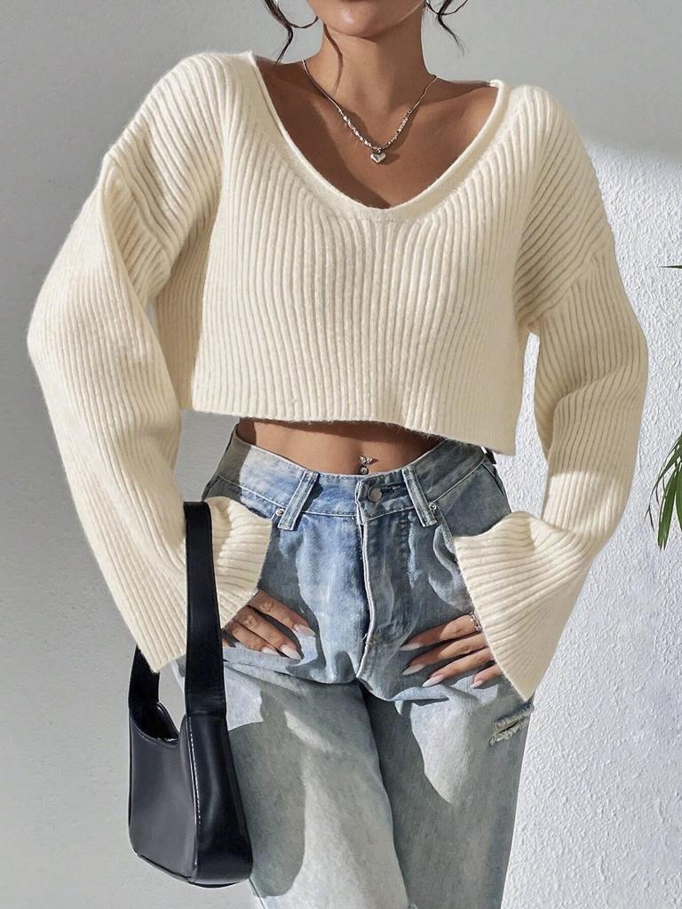 European & American V-Neck Loose Fit Cropped Sweater - Women's Ribbed Knit for All Seasons