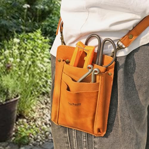 TOURBON Gardening Pouch, Pruning Shears Pouch, Leather Scissor Case Bag, Gardening, Florist, Waist Pouch, with Shoulder Strap (Light Brown)