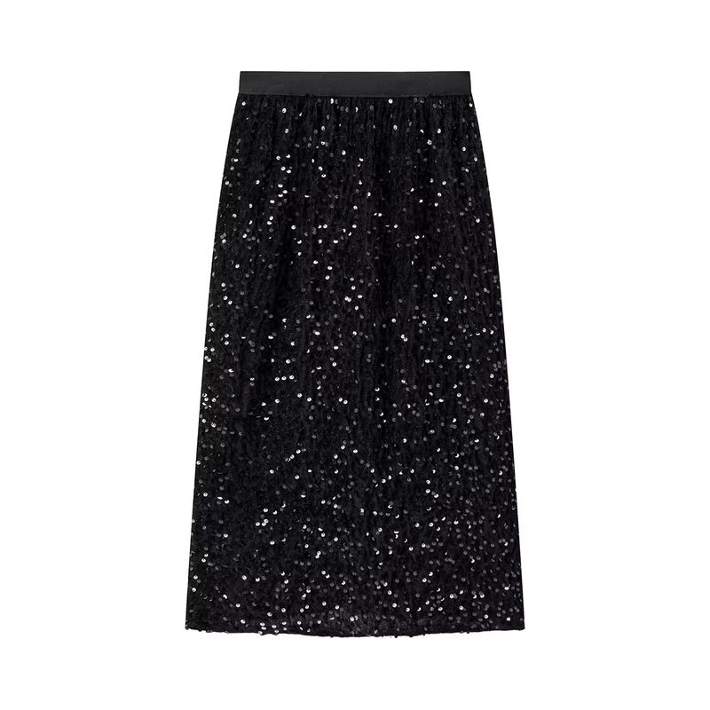 

Zbzr Autumn New Women clothes Western Style Fashion Organza Velvet Sequins Straight Split Skirt- Black XXL