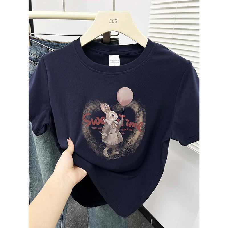 

Women s Summer Cartoon Rabbit Print Off-Shoulder Slimming T-Shirt XL темно-синий