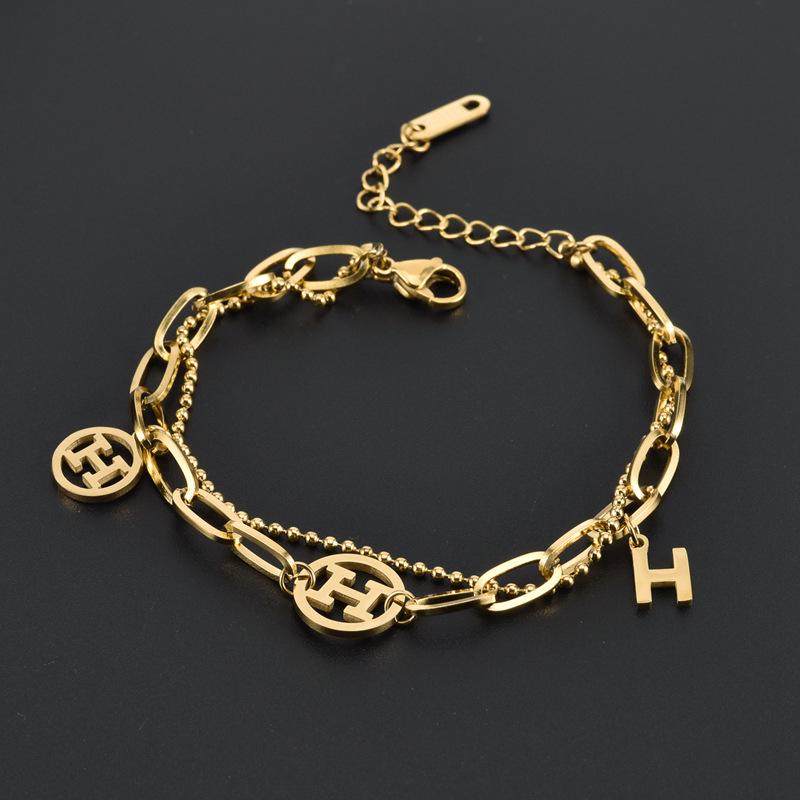 Titanium Steel H Circle Hollow Double-Layered Thick Chain Bracelet - Retro European & American Style