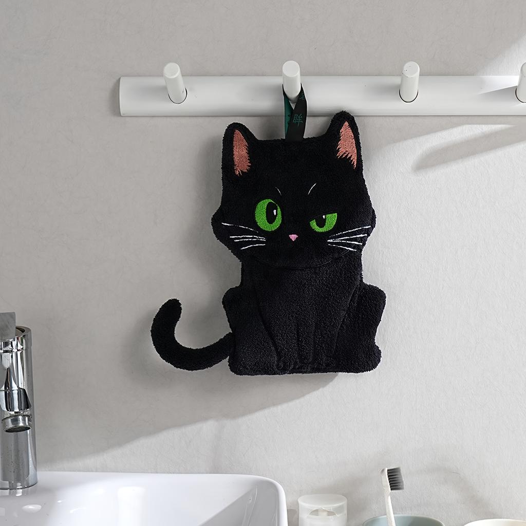 Black Cat Embroidered Hand Towel, Coral Fleece Super Absorbent Quick-Dry Hanging Bathroom and Kitchen Finger Towel