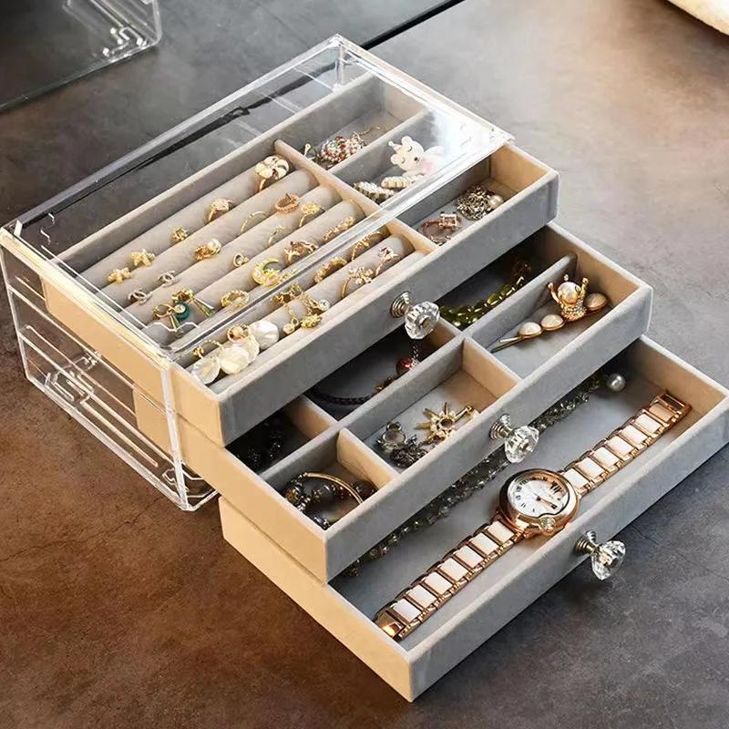 Multifunctional Velvet Jewelry Storage Box with Dustproof Drawer for Earrings Necklace Rings Bracelets