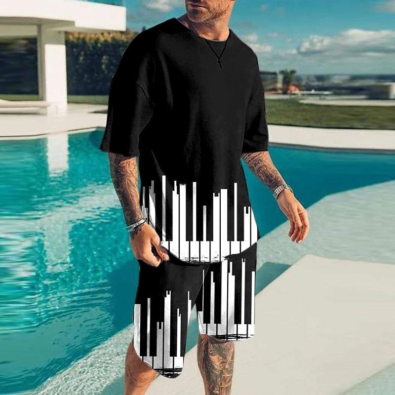 Men's Pattern Music Note 2-piece T-shirt Shorts Round Neck Casual Set Comfortable Outdoor Vacation Daily 3D Printed T-shirt Set